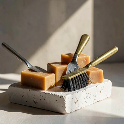 Sculptural arrangement of wax bars, scrapers and a brass brush on chalky plinth,
