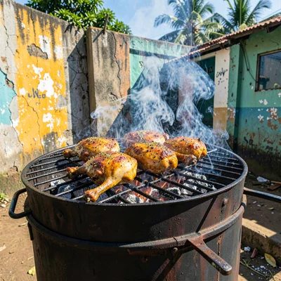 Documentary photograph with Jamaican yard aesthetic, Jerk chicken on a half-barr