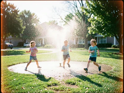 Kids running through a sprinkler on a suburban lawn, water catching the light, s