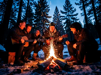 Friends around campfire, guitar being played, sparks rising, pine trees silhouet