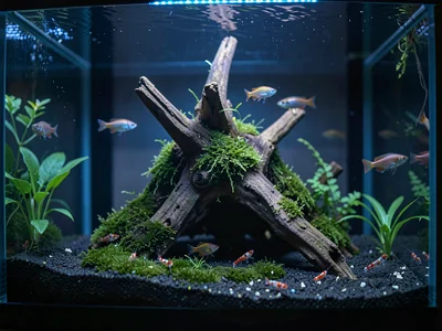 Driftwood centerpiece with moss attached, shrimp exploring, the natural aquascap