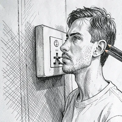 Pen-and-ink rendering of a stud finder pressed against a wall with marking penci