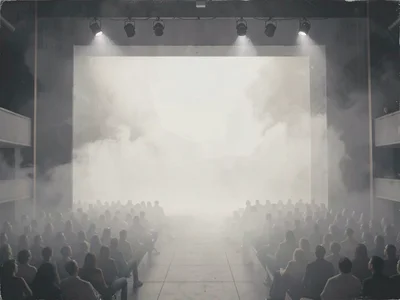 Theater stage seen from the wings, half-painted backdrop, audience entirely lost