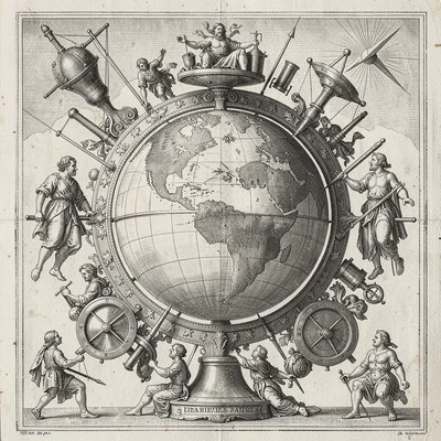 A globe surrounded by navigation instruments