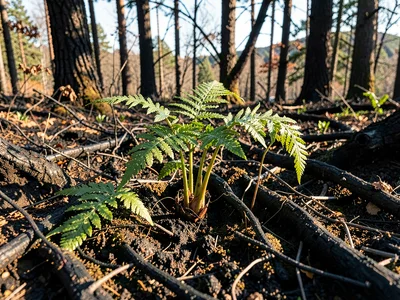 Burned forest floor with first fern uncurling