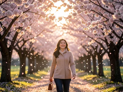 Woman walking under canopy of cherry blossom trees in full bloom, petals driftin