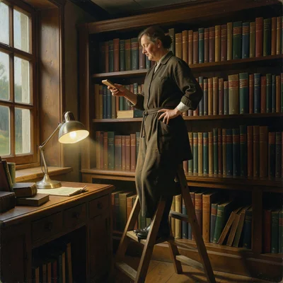 A librarian reshelving books, standing on a small ladder, warm light from a desk