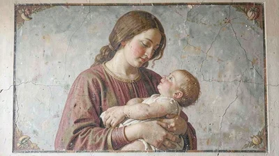 Fresco-style illustration, mother nursing infant , painted into wet plaster, pig