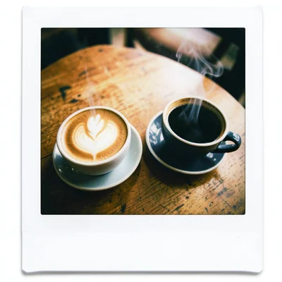 Two coffee cups on a café table, seen from above, latte art visible in one, the 