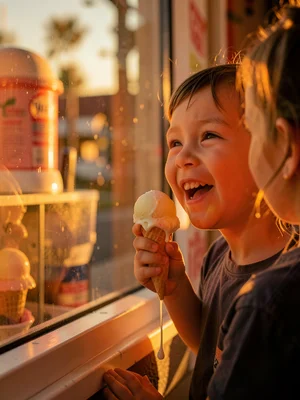 Kid with ice cream cone dripping down arm, golden hour through soft serve shop w
