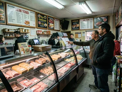 Sandwich station, cold cuts visible in case, customer pointing at menu board
