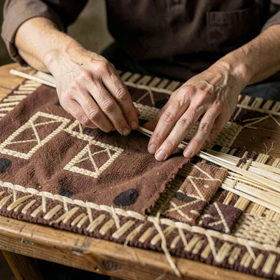 Warm tapa cloth browns and geometric pattern rhythm, A craftsperson weaving a fi