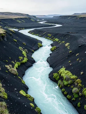 Ice-Blue Stream Through Black Sand