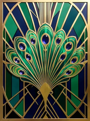 A peacock motif in gold and jewel tones: the fan tail as concentric arcs of emer