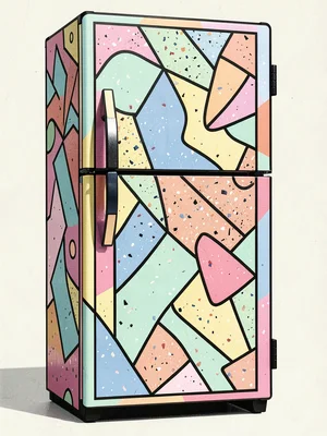 Refrigerator Memphis redesign, door handles geometric shapes, terrazzo front pan