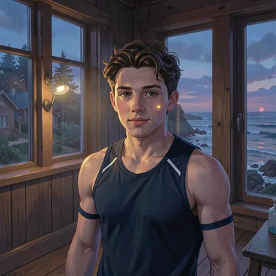 Portrait of a young age-group athlete at a coastal cottage on race-eve, single w