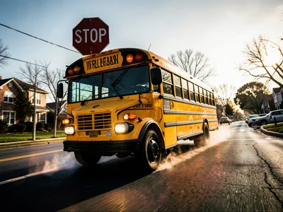 Yellow school bus on suburban street, morning light, stop sign extended