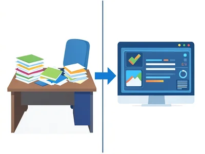 A split screen: messy desk with paper stacks on left, clean digital dashboard on