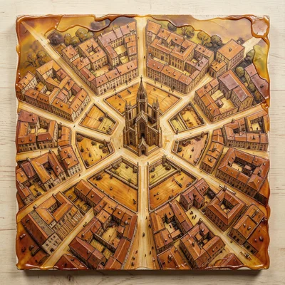 A medieval European city center with radiating streets from a central cathedral 