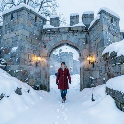 Quebec winter heritage, walled city under snow, Woman in red coat walking throug