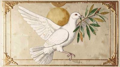 Egg tempera illustration, white dove carrying olive branch , yolk-bound pigment,