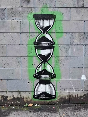 Hourglasses stacked in a column, single green spray on grey concrete block wall