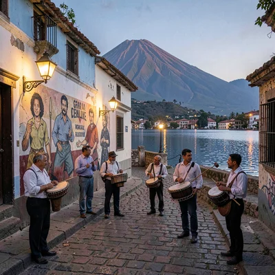 Colonial color against volcano in Granada, Nicaragua, Street musicians playing m