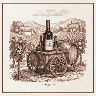 Wine label illustration, Vintage wine cart with barrels , elegant estate scene, 