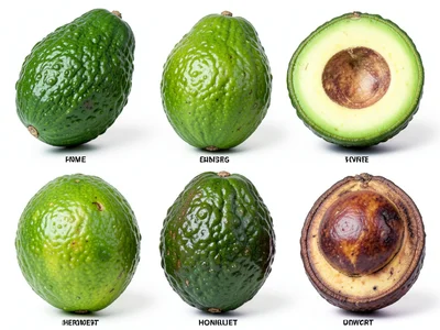Avocado ripening stages from hard green to perfect to brown, cut cross-sections