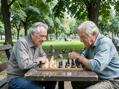 Two old friends playing chess in a park, one mid-move, the other squinting skept