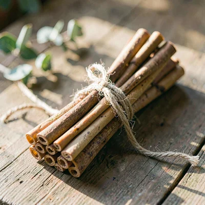 botanical of a bundle of dried palo santo sticks tied with twine