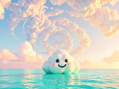 Wide turquoise sea horizon meeting cumulus-fractal pastel sky with a single smil