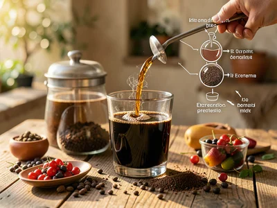 Coffee brewing photo with chemistry diagram showing extraction process illustrat