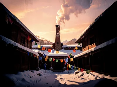 Mountain monastery courtyard at dawn buried under fresh snow, prayer flags froze