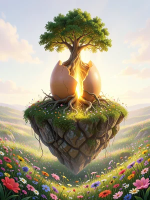 A floating island in a pale sky covered entirely in wildflowers, with a single e
