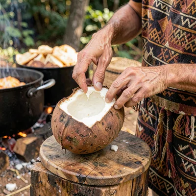 Warm tapa cloth browns and geometric pattern rhythm, Hands peeling breadfruit, r