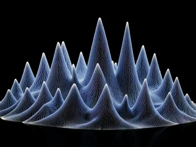Ferrofluid spikes responding to bass frequencies creating organic mountain forms