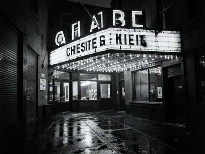Abandoned cinema marquee with half the bulbs burnt out, rainy sidewalk, lonely a