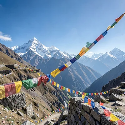 High altitude clarity of Kathmandu, Nepal, Prayer flags streaming from mountain 