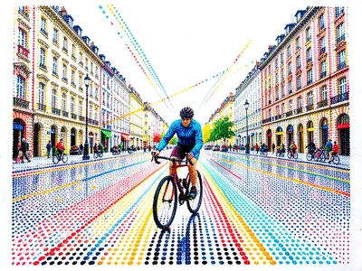 Cyclist on a wide boulevard, motion expressed through elongated dot trails