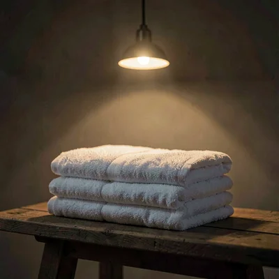 Cozy atmospheric of a stack of clean towels on a wooden bench, single warm penda