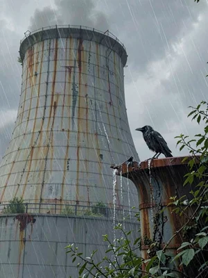 Cooling tower exterior in heavy rain with water sheeting the curve and a single 