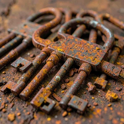 Rusted key collection, locks they no longer open, obsolete access