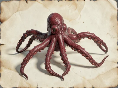 Reaching kraken with deep crimson hide and long suckered arms extending outward