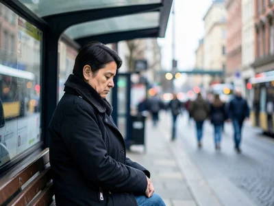 Loneliness — person at bus stop, entire world slightly out of focus except them