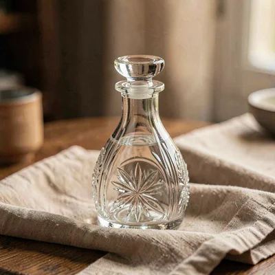 Warm macro of an etched glass decanter on a folded linen cloth