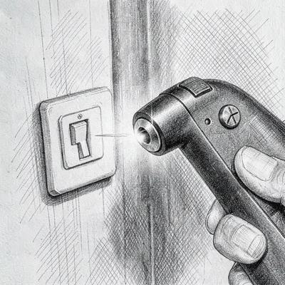 Pen-and-ink rendering of a non-contact voltage tester glowing at the tip near a