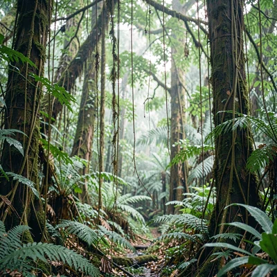 dense rainforest understory with hanging vines, lush palette