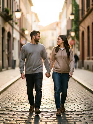 Couple walking hand-in-hand down a cobblestone street in warm evening light