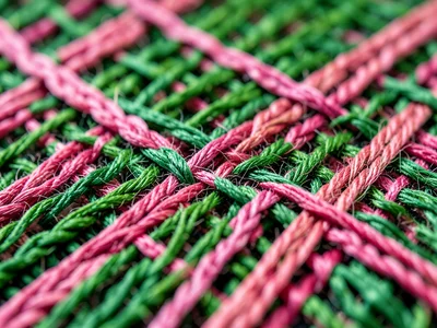 Loom close-up showing spring green and pink warp and weft threads crossing